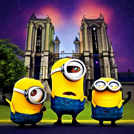 Image similar to “minions laughing as the Notre dame burns behind them, 4k, digital art, award winning”