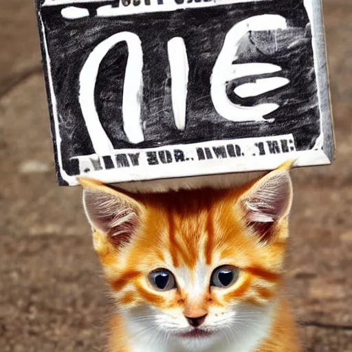 Image similar to cute fluffy orange tabby kitten with a sign that says