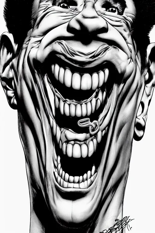 Prompt: digital portrait of a laughing psychotic man by brian bolland, rachel birkett, alex ross, and neal adams | centered, deviantart, artgerm