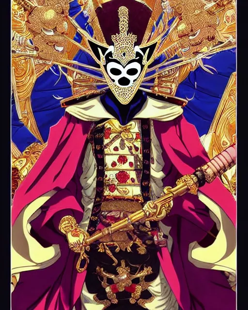 Image similar to The masked emperor giving a speech to a very large crowd of people. He has very ornate clothing and a mask || VERY VERY ANIME!!!, realistic shaded fine details. Anime. realistic shaded lighting poster by katsuhiro otomo, ghost-in-the-shell, ayami kojima