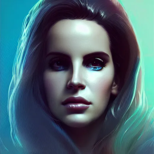 Image similar to portrait of lana del rey as a cyborg. intricate abstract. intricate artwork cyberpunk by tooth wu, wlop, beeple, dan mumford. octane render, trending on artstation, greg rutkowski ruan jia, cinematic, hyper realism, unreal 4, high detail, octane render, 8 k, key art, iridescent accents