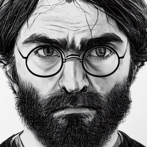 Prompt: a close up portrait of a bearded harry potter, art station, highly detailed, concept art, sharp focus, illustration in pen and ink, wide angle, by Kentaro Miura