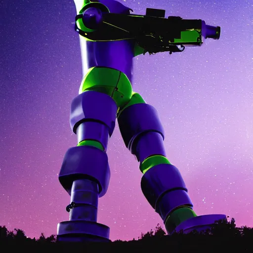 Image similar to giant toy soldier robot destroying a city laser, purple