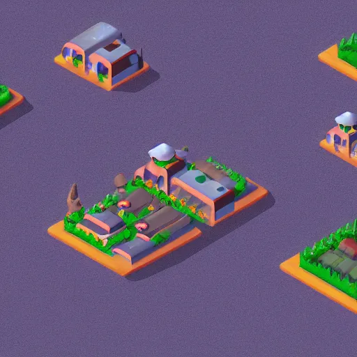 Prompt: isometric view of a small colony on a distant strange planet