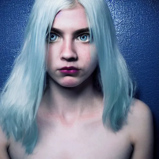 Image similar to portrait of young girl half dragon half human, dragon girl, dragon skin, dragon eyes, dragon crown, blue hair, long hair, highly detailed, cinematic lighting, by Sofia Coppola, by Robert Eggers, by David Lynch