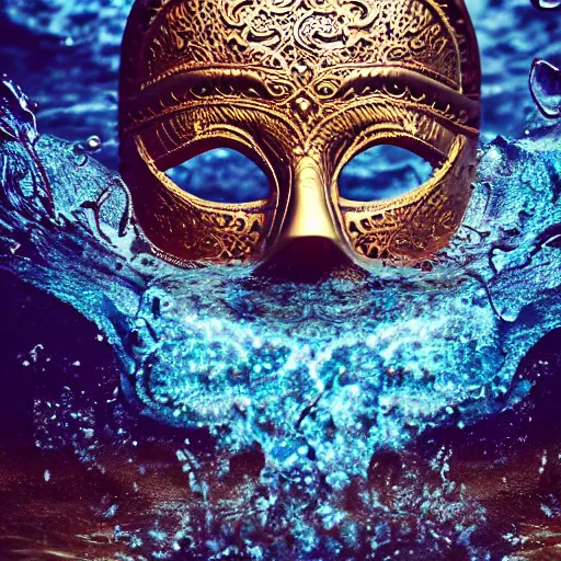 Prompt: an elaborate intricate mask made of water splashing into the waves, rendered in octane, behance hd, bokeh backdrop