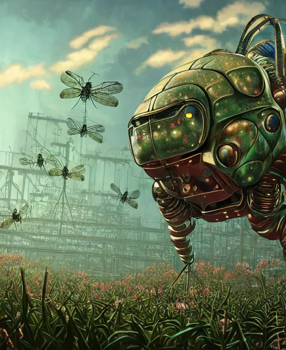 Image similar to a giant industrial plant made out of seamless isopod dragonflies, in the style of a puffy robot, overgrown with orchids, partly cloudy, somber, dramatic lighting, by dan mumford, yusuke murata, makoto shinkai, ross tran, cinematic, unreal engine, cel shaded, featured on artstation, pixiv