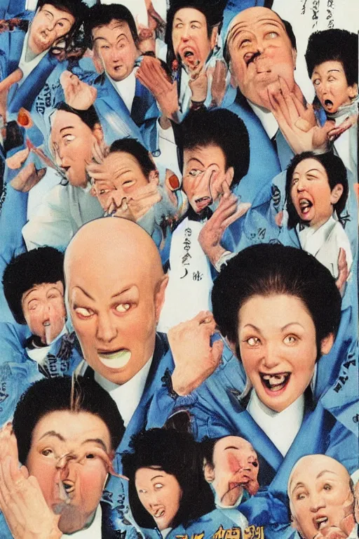 Image similar to coneheads, japanese vhs cover art, detailed facial expressions