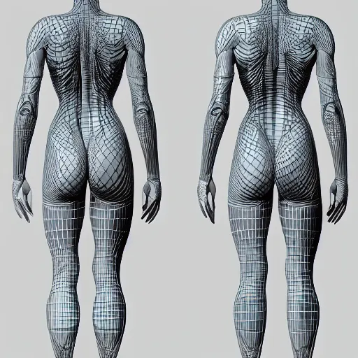 Prompt: concept of a detailed and intricate design of the back of full female anatomy, 3d design, great finesse organic hyper detailed, engineering blueprints, technical drawings, calculus, stained paper, hyperrealistic, ultra detailed, 4K, octane render, unreal engine