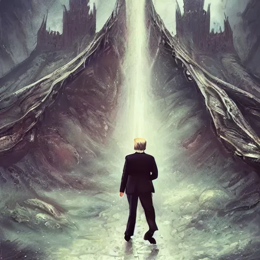 Image similar to Donald trump walking, perfect fces. | background = fantasy art landscape, fantasy city, fantasy kunst, fantasy castle, fantasy house, architecture mystery, artstation, house illustration