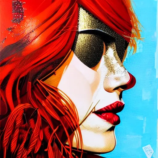Image similar to portrait of red head woman :: side profile :: in ocean :: guns and bullets :: metallic details :: gold and petals pattern :: blood and horror :: by marvel and Sandra Chevrier