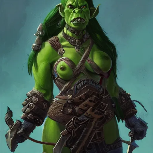 Prompt: a full body character portrait of a green orc warrior woman in full plate armor bald with a ponytail, world of warcraft, by greg rutkowski, wlop, astri lohne, wei wang, laurie greasley, victo ngai, trending on artstation