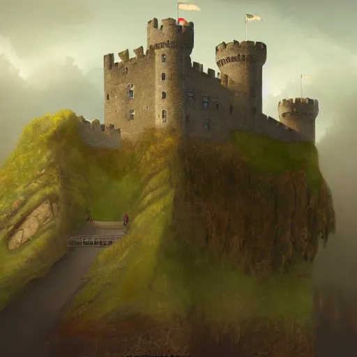 Prompt: an awesome scotish castle painting by peter klasen, moebius, artstation