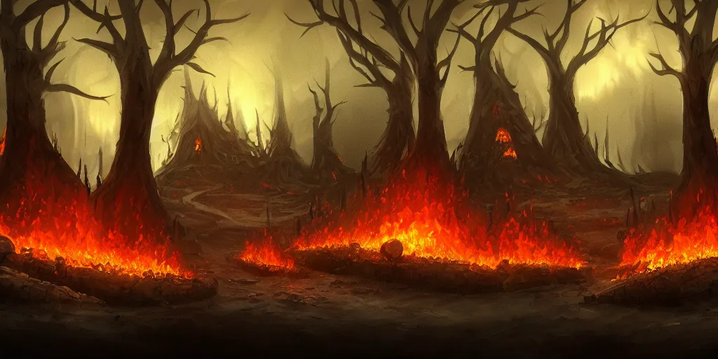 Image similar to concept art of a druidic village surrounded by trees made of obsidian and flames for leaves, dark fantasy, eerie, at dusk, slightly hazy, digital painting, large fire pit, realistic, sharp focus, high detail, beautiful