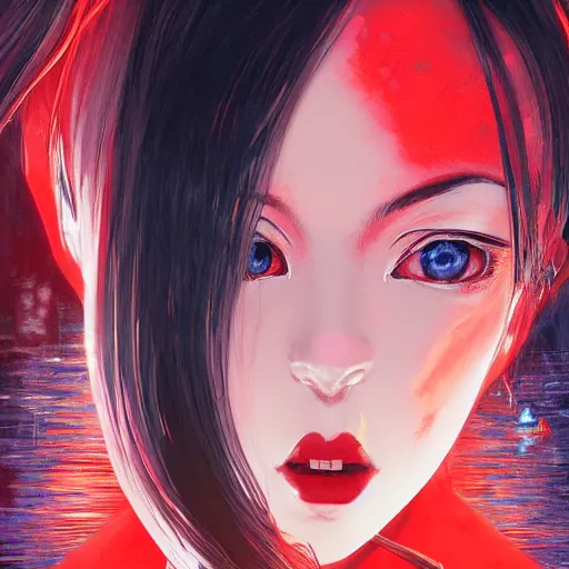 Prompt: A beautiful demon woman with big and cute eyes || VERY ANIME, fine-face, red and black robotic parts, realistic shaded perfect face, fine details. Anime. realistic shaded lighting poster by Ilya Kuvshinov katsuhiro otomo ghost-in-the-shell, magali villeneuve, artgerm, Jeremy Lipkin and Michael Garmash, Rob Rey and Kentarõ Miura style, trending on art station