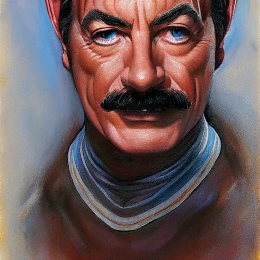 Image similar to ultra realistic head and shoulders portrait painting of tom selleck as a sphynx cat, art by frank frazetta, 4 k, ultra realistic, highly detailed, epic lighting