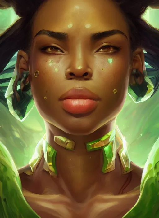 Image similar to senna from league of legends, au naturel, hyper detailed, brown skin, glowing green eyes, digital art, trending in artstation, cinematic lighting, studio quality, smooth render, unreal engine 5 rendered, octane rendered, art style by klimt and nixeu and ian sprigger and wlop and krenz cushart