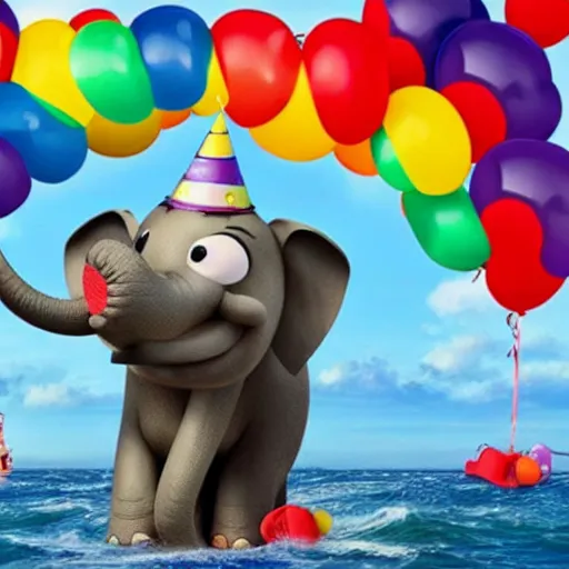 Prompt: a gay elephant having a birthday on a boat, pixar