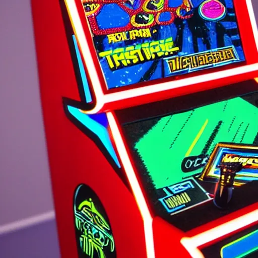 Image similar to a realistic detailed photograph of a 1 9 8 0 s arcade game cabinet of tron