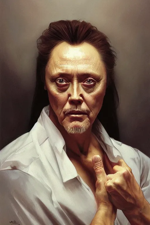 Image similar to portrait of christopher walken with an eyebrow ring and goatee, masterpiece painting by artgerm and greg rutkowski and alphonse mucha