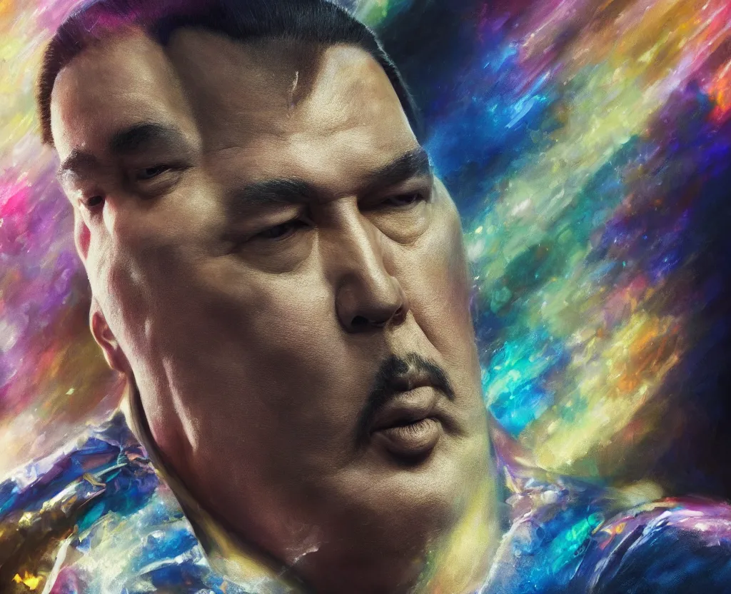 Image similar to epic portrait of Steven Seagal, bloomed lighting, angelic, futuristic, beautiful colors, slightly golden, very detailed, detailed mechanical hands, electrical details, cinematic lighting high details, 4k, 8k, trending on artstation, ultra-realism