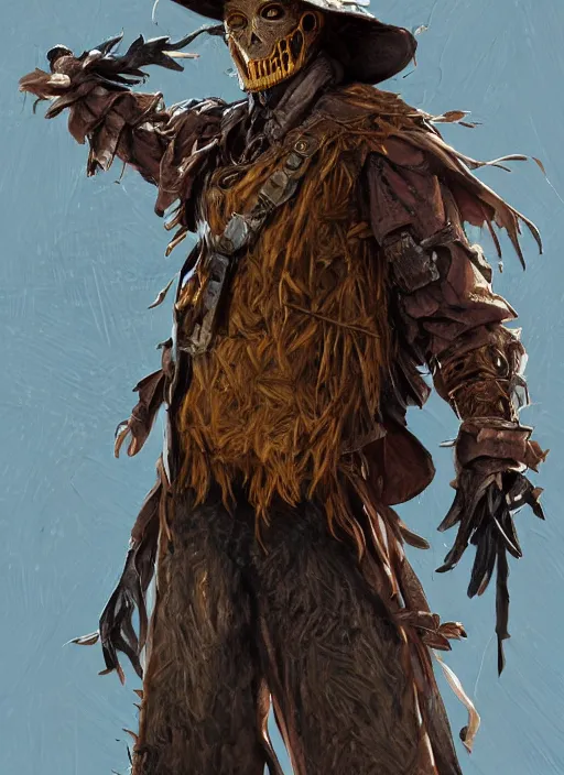 Image similar to powerful male scarecrow, willem dafoe as scarecrow, full body character concept, covered in full leather armor, art nouveau, super powers, fantasy, intricate, elegant, highly detailed, digital painting, artstation, concept art, shining, sharp focus, illustration, art by stanley lau