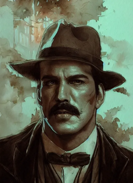 Image similar to portrait, Doc Holiday from Tombstone, watercolor, dramatic lighting, cinematic, establishing shot, extremely high detail, foto realistic, cinematic lighting, pen and ink, intricate line drawings, by Yoshitaka Amano, Ruan Jia, Kentaro Miura, Artgerm, post processed, concept art, artstation, matte painting, style by eddie mendoza, raphael lacoste, alex ross