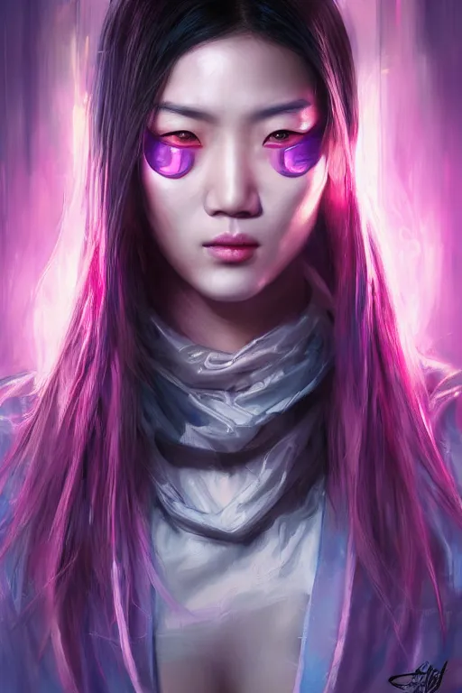 Prompt: stunning highly detailed portrait of a beautiful asian female cyberpunk, angry, soft lighting, pastel neon colors, oil on canvas, strong lighting, by glenn fabry, by greg staples, by mandy jurgens, hd, 4 k