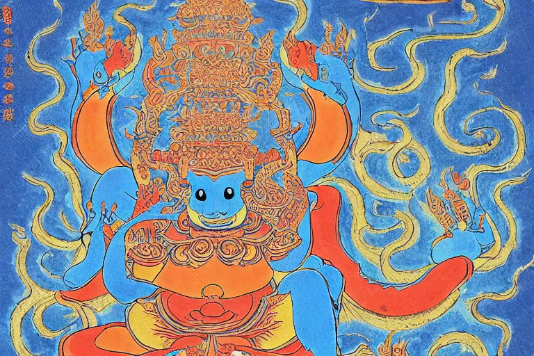 Prompt: buddhist art style illustration of a blue frog with 4 hands, flames, water, flowers, dragons, skeletons