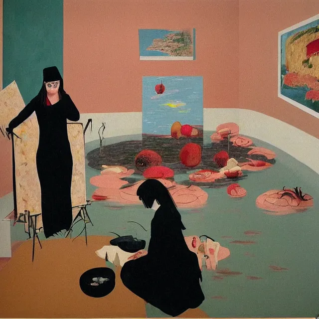 Image similar to female emo art student in her apartment, painting of flood waters inside an artist's feminine bedroom, a river flooding indoors, pomegranates, pigs, ikebana, water, octopus, river, rapids, waterfall, black swans, canoe, berries, acrylic on canvas, surrealist, by magritte and monet