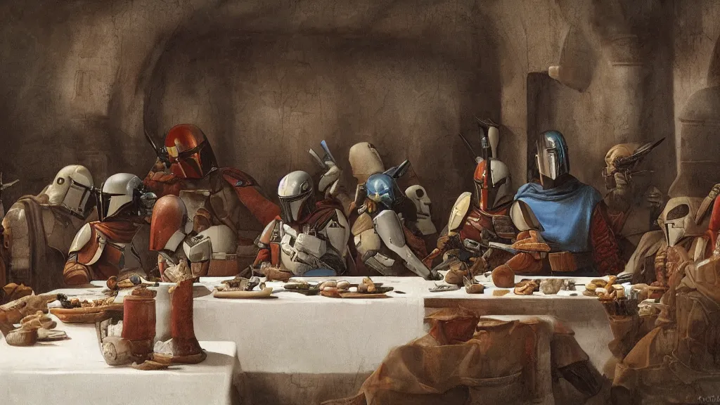 Image similar to mandalorian last supper, by leonardo davinci, concept art, oil painting, art station, dynamic lighting, highly detailed, very detailed, 4 k