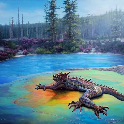 Image similar to highly detailed oil painting of a dragon resting in a colorful hotspring at yellowstone national park, featured on artstation