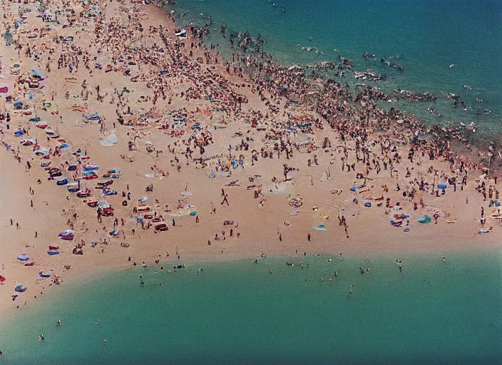 Prompt: close-up color film photography 1970s, aerial view of the beach with a lot of people, soft focus, golden hour, soft light, 35mm, film photo, Joel Meyerowitz