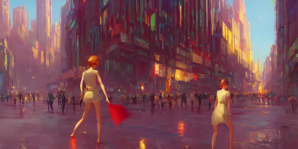 Image similar to gorgeous bright girl holding a red flag wading through fractal city and crowd by Craig Mullins, ilya kuvshinov, krenz cushart, artgerm trending on artstation by Edward Hopper and Dan Mumford and WLOP and Rutkovsky, Unreal Engine 5, Lumen, Nanite