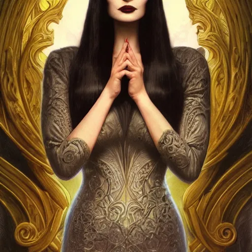 Image similar to ana de armas as morticia addams, masterpiece, intricate, elegant, highly detailed, digital painting, artstation, concept art, smooth, sharp focus, illustration, art by artgerm and greg rutkowski and alphonse mucha and uang guangjian and gil elvgren and sachin teng, symmetry!!