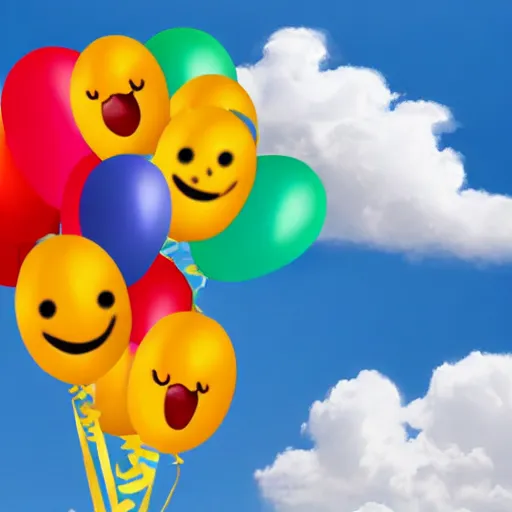 Image similar to birthday balloons with smiley faces floating in the clouds