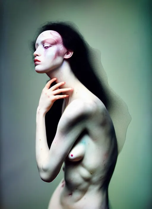 Image similar to cinestill 5 0 d photo portrait of a beautiful woman in style of tim walker by roberto ferri, body skin aggressive weird marble, hair is intricate floating liquid metal, 1 5 0 mm lens, f 1. 2, sharp focus, ethereal, emotionally evoking, head in focus, bokeh volumetric lighting, tonal colors outdoor