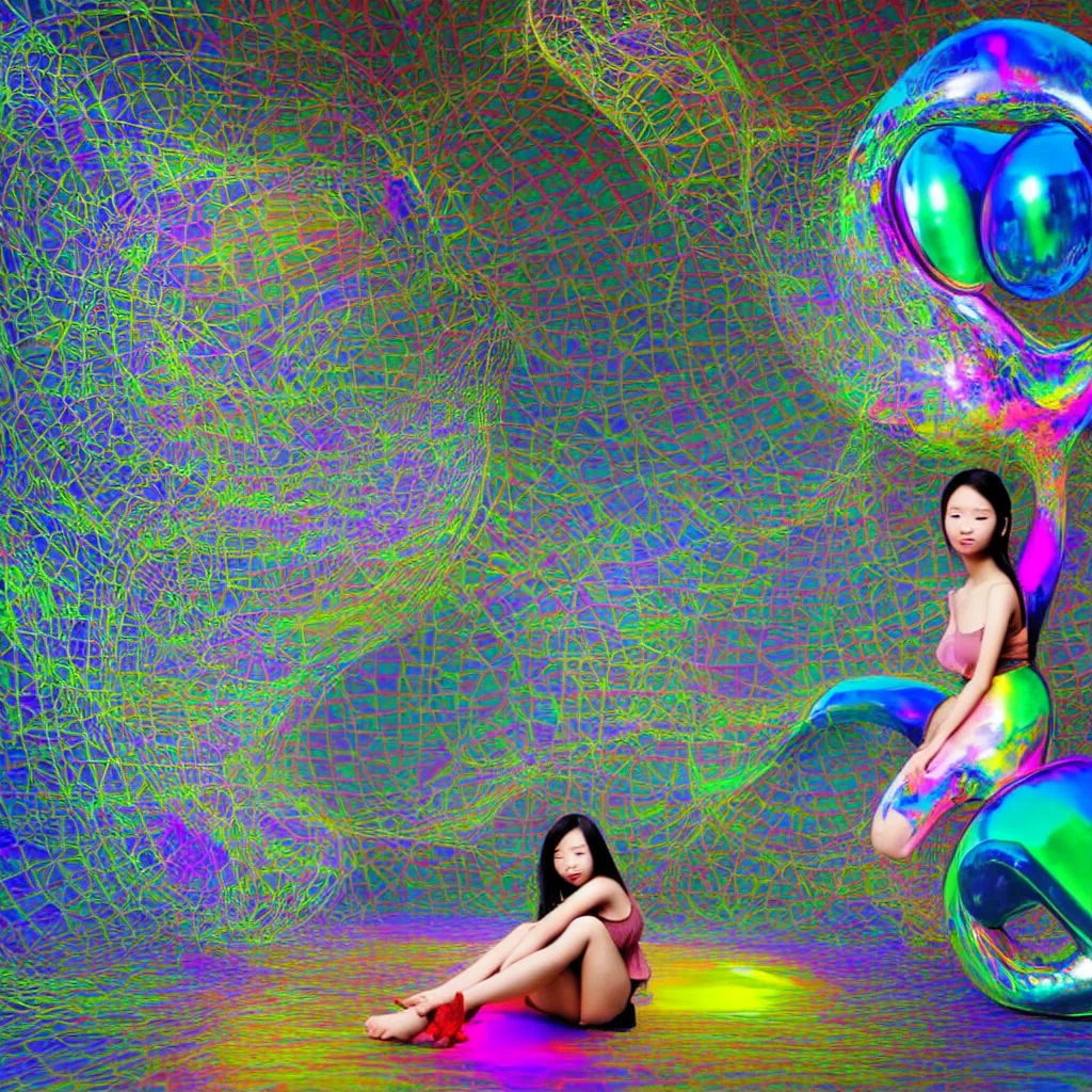 Prompt: a beautiful asian girl sitting on an unfinished klein bottle sculptural, chroma iridescence, colors, glassy, reflective and refractive, soap bubbles floating, baroque architecture point clouds background