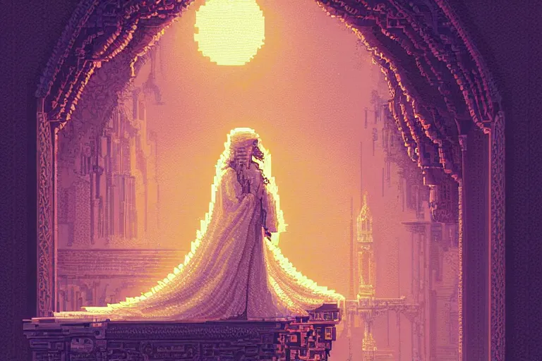 Image similar to the girl of white robes holds the moonstone, beautiful detailed pixelart by albertov, intricate details, beautiful, dithered gradients, volumetric lighting, cgsociety, artstation, smooth, sharp focus, 2 d illustration, amazing art by dan mumford