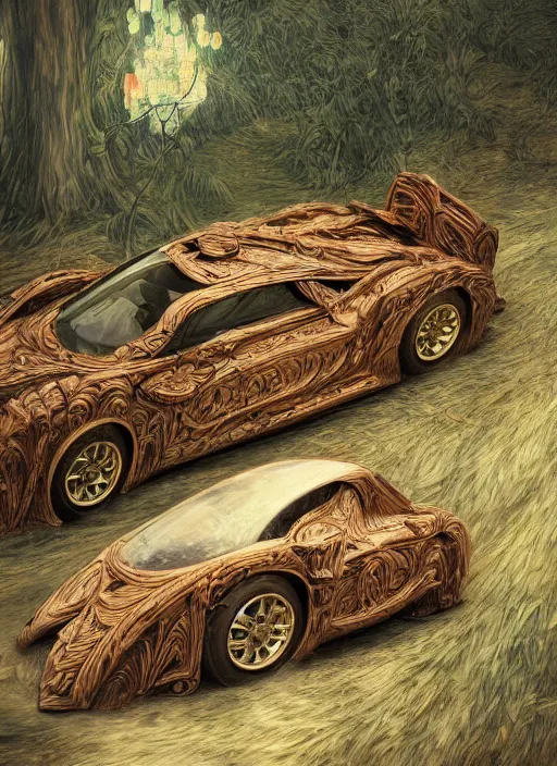 Image similar to a fancy car made out of carved woods on a forest, art style by klimt and nixeu and ian sprigger and wlop and krenz cushart, au naturel, hyper detailed, digital art, trending in artstation, cinematic lighting, studio quality, smooth render, unreal engine 5 rendered, octane rendered