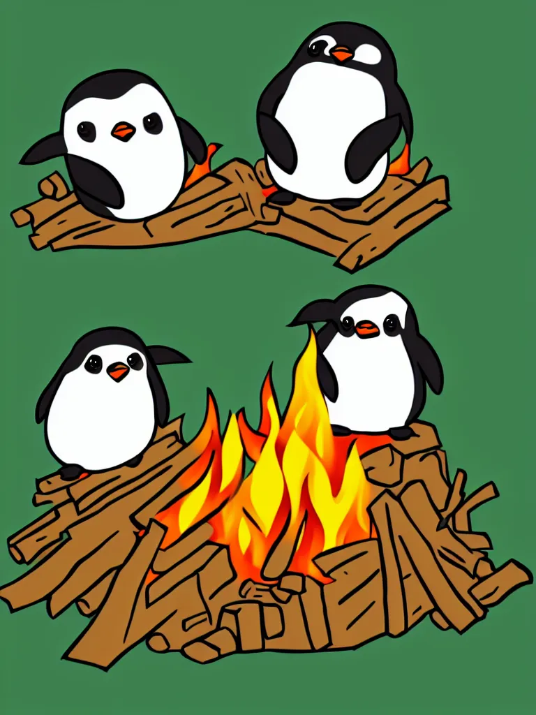 Prompt: vector graphic drawing of a two happy cute chibi penguins sitting around a campfire, artstation