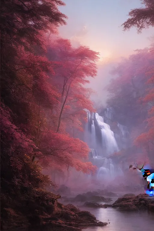 Image similar to the most beautiful panoramic landscape, oil painting, where a giant dreamy waterfall creates a river, the trees around are starting to bloom in pink color, a majestic deer is drinking water from the river and a ray light of the sunset is brightening him, by greg rutkowski