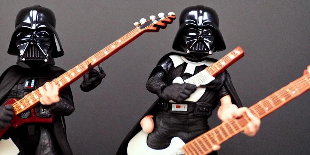 Image similar to claymation Darth Vader playing B.C. Rich guitar