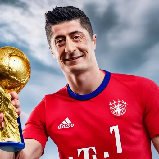 Image similar to portrait of Robert Lewandowski in polish national team t shirt holding World Cup trophy, 4k, hq, high details, natural light, perfect quality, professional photography, award winning photo, a lot of details, perfect face