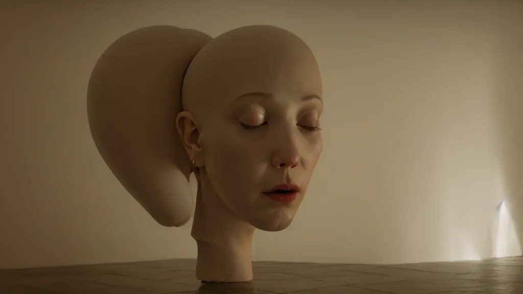 Prompt: a giant porcelain mannequin head in the middle of a living room, film still from the movie directed by denis villeneuve with art direction by zdzisław beksinski, wide lens