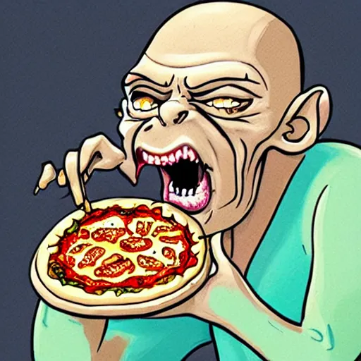 Image similar to a caricature drawing of gollum being eaten by a pizza