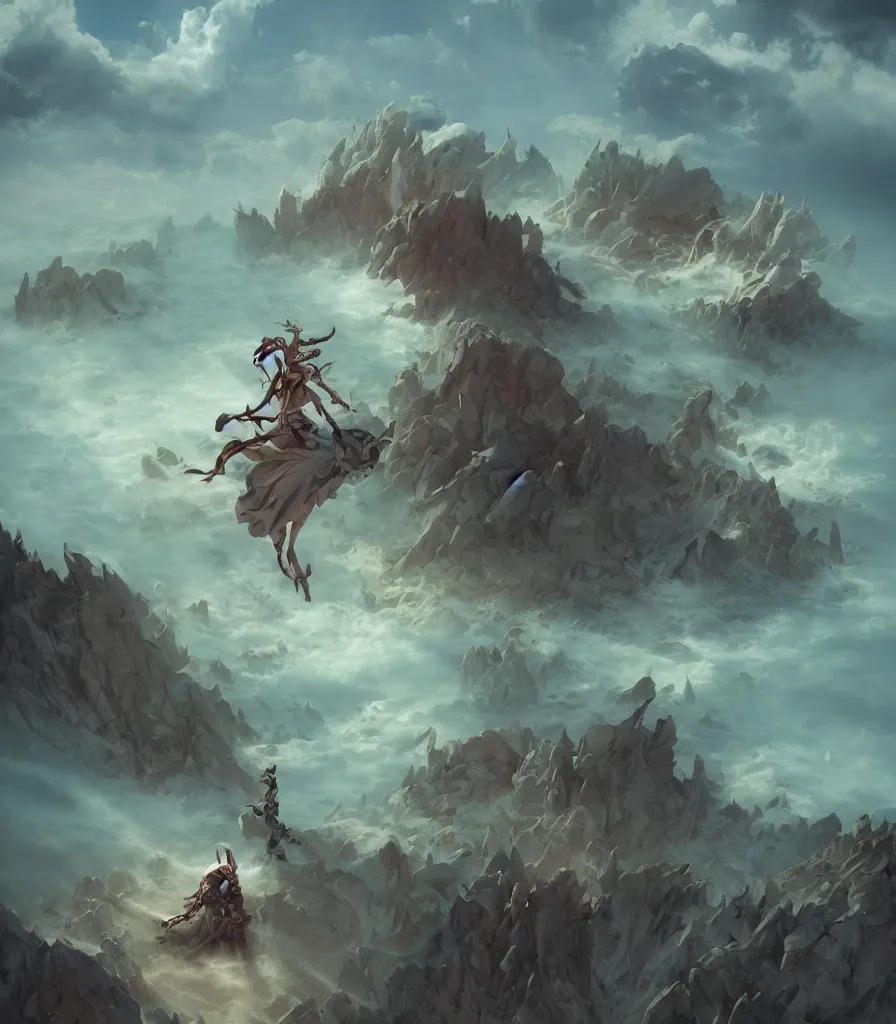 Prompt: a powerful necromancer in a merciless desert, flickering air, hot sun from above, clouds in the sky, the feeling of dread and existential terror, style of peter mohrbacher, octane render, unreal engine, 8k high definition