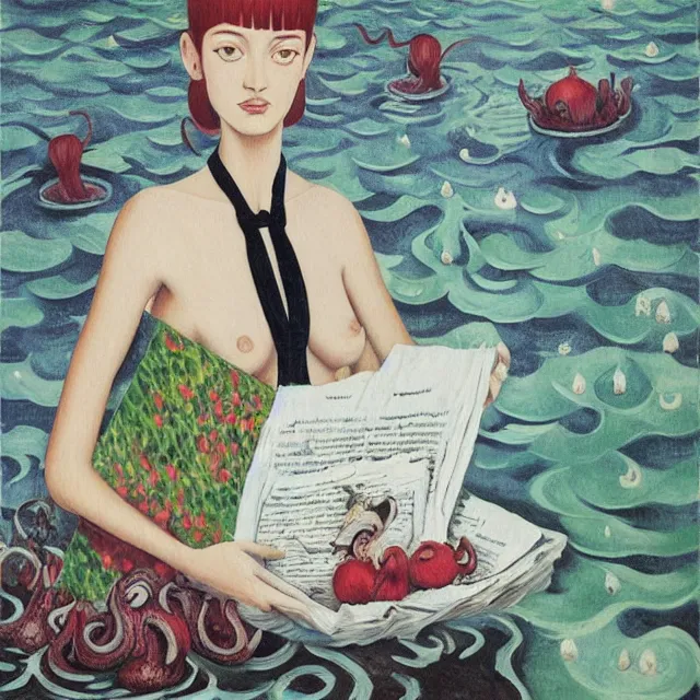 Image similar to tall female catgirl artist holding sheet music in her flooded apartment, pomegranates, octopus, water gushing from ceiling, painting of flood waters inside an artist's apartment, a river flooding indoors, mushrooms, ikebana, zen, rapids, waterfall, black swans, canoe, berries, acrylic on canvas, surrealist, by magritte and monet