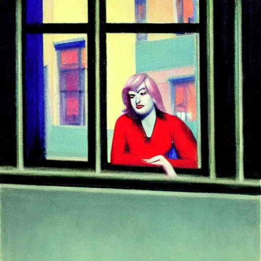 Image similar to blonde girl looking out the window of her hotel room, rainy night, neon lighting, by Edward Hopper