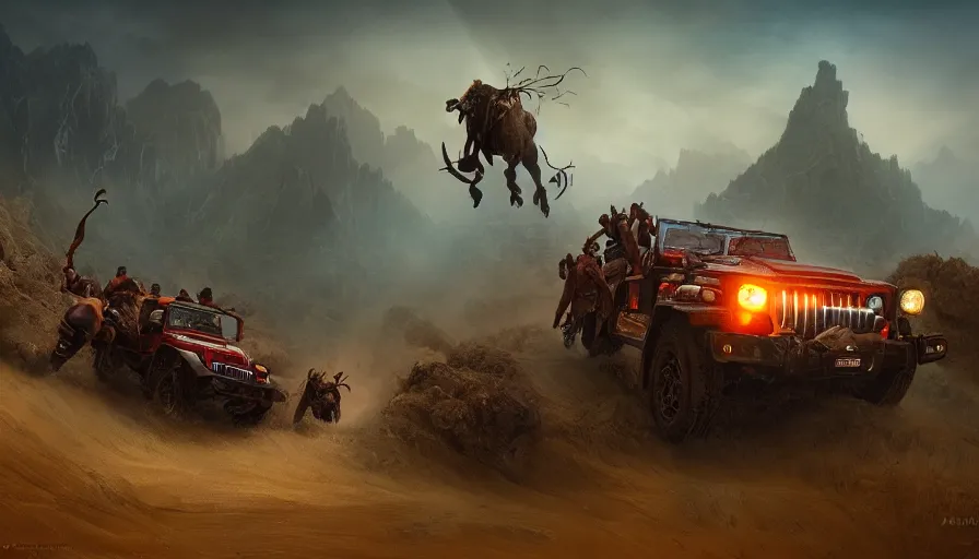 Image similar to mahindra thar, tribe members attacking, action scene, an epic fantasy, dramatic lighting, cinematic, establishing shot, extremely high detail, photorealistic, cinematic lighting, maxwell boas jessica rossier christian dimitrov anton fadeev, zaha hadid, trending on artstation, cgsociety, rendered in unreal engine 4 k hq